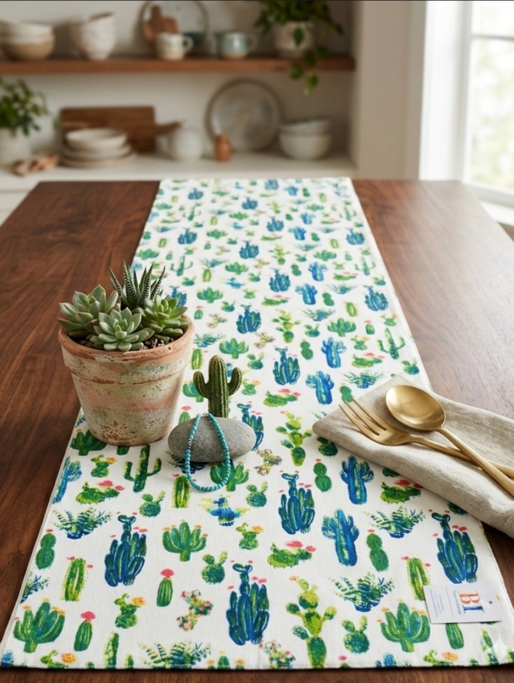 Boston International Blooming Cactus Table Runner Green & Pink  73X13